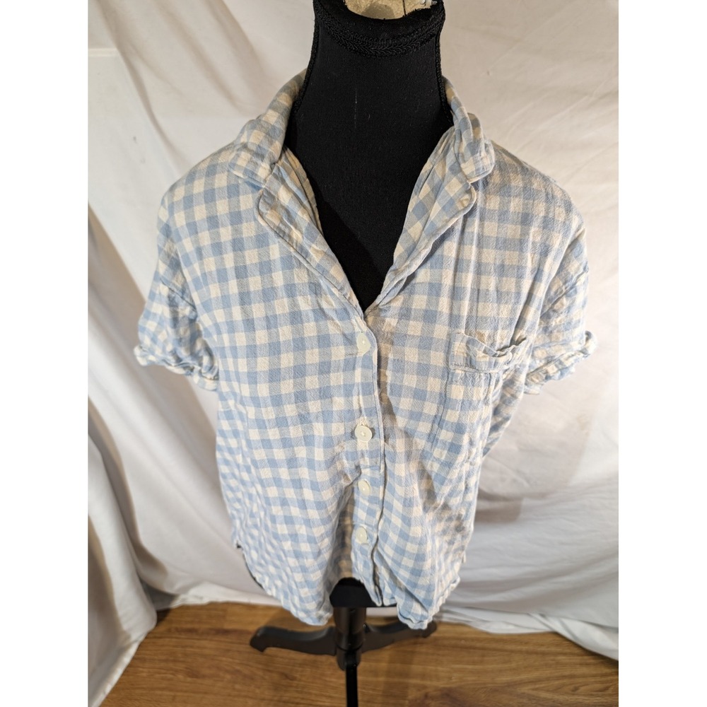 Piglet In Bed Shirt XS Blue Gingham Plaid 100% Linen Night Sleep Top Only
